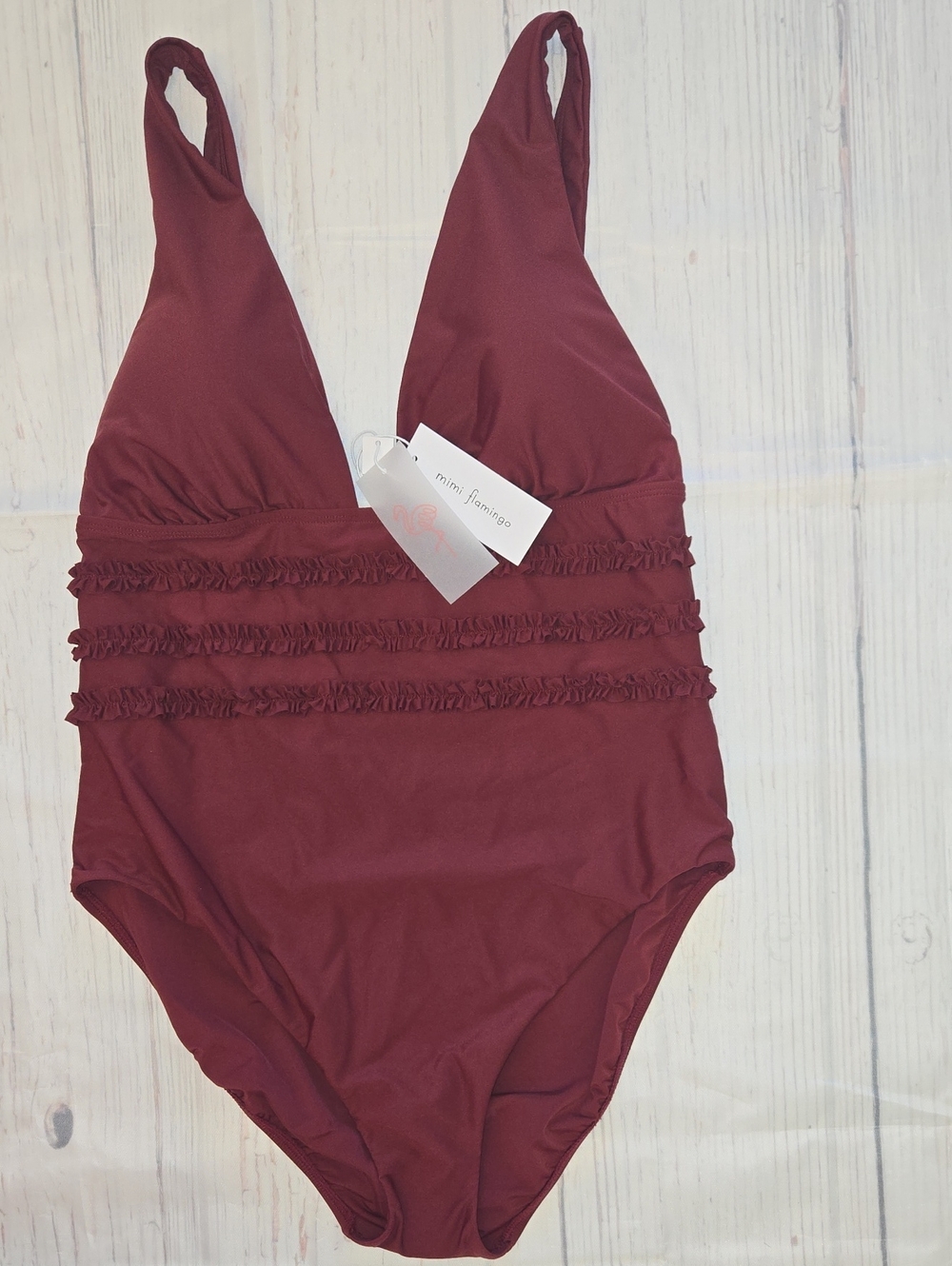 mimi flamingo Burgundy Ruffled One-Piece Swimsuit NWT Size 14